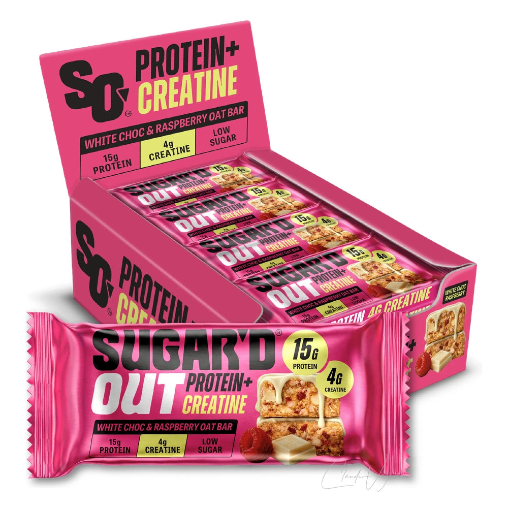 Sugar'd Out Protein + Creatine Bar 12 x 68g White Choc Raspberry – Proteinriegel mit 4g Kreatin