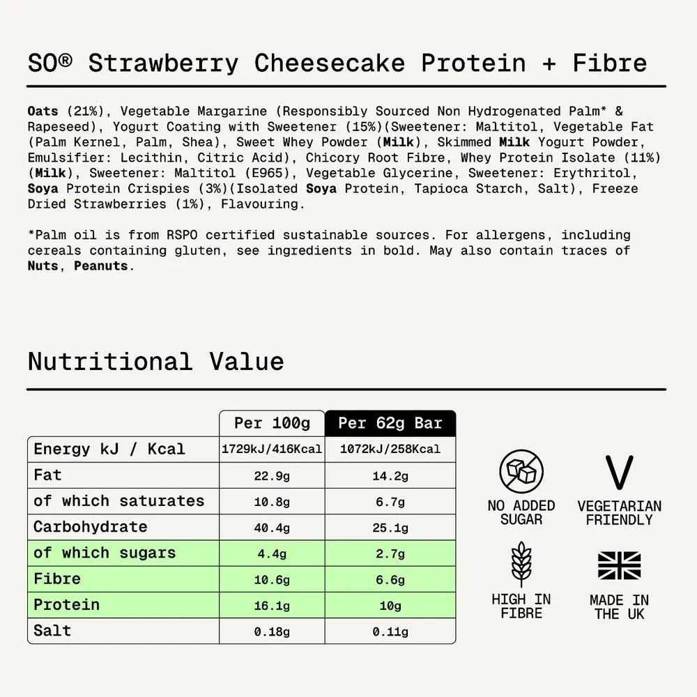 Nährwerte und Zutaten Sugar'd Out Strawberry Cheesecake – Sugar'd Out Protein + Fibre Bar 15 x 62g