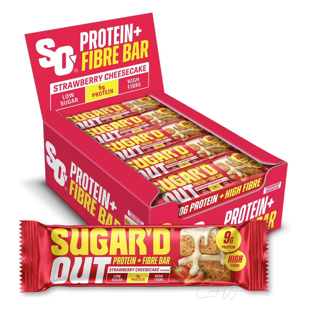 Sugar'd Out Protein + Fibre Bar 15 x 62g Strawberry Cheesecake – Proteinriegel mit Ballaststoffen