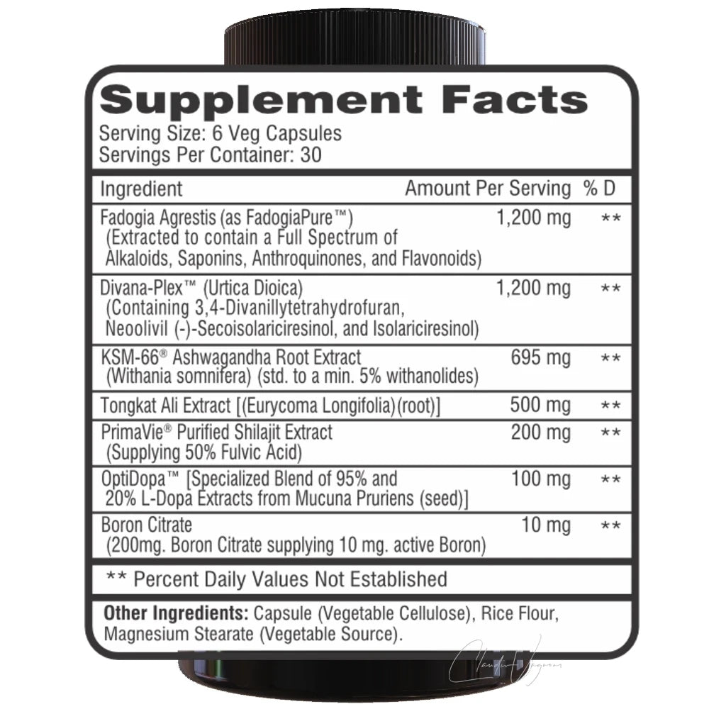 Supplement Facts Competitive Edge Labs M Test pro 6 Kapseln mit FadogiaPure Divana Plex KSM 66 Tongkat Ali PrimaVie und Bor