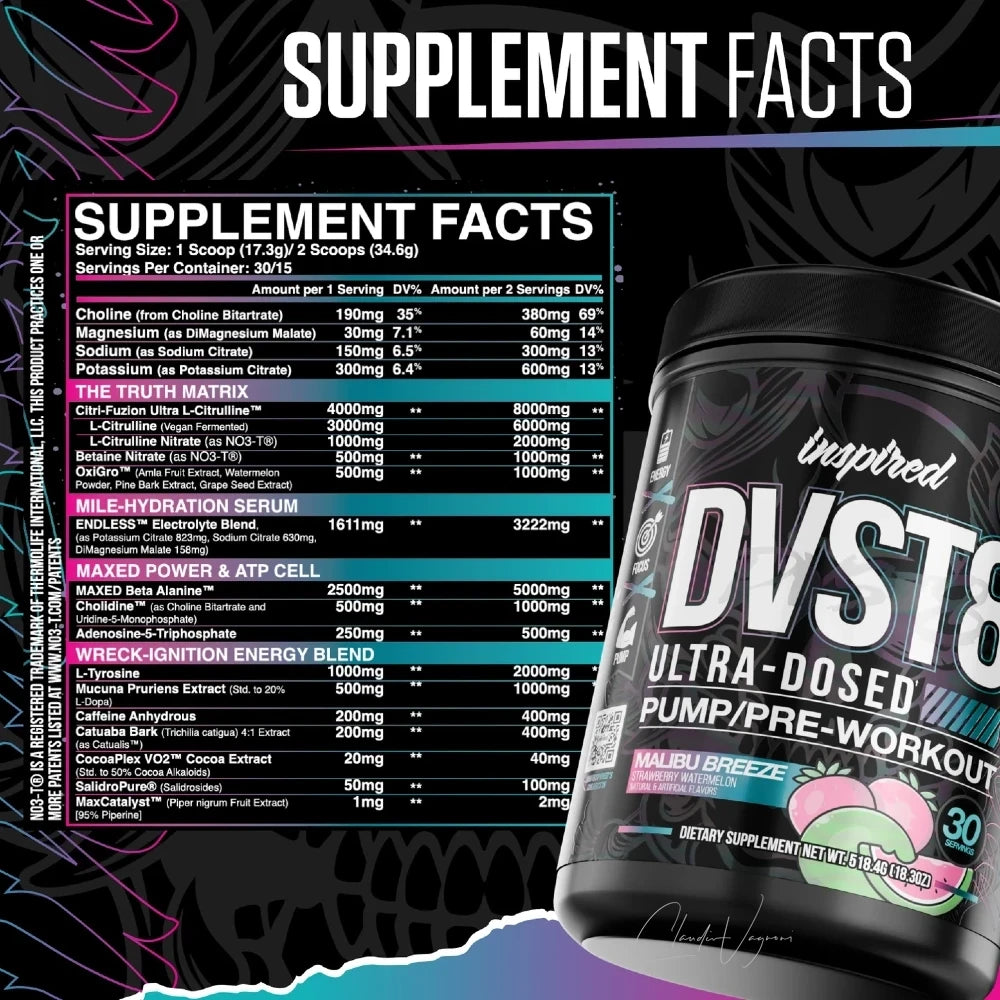 Supplement Facts Inspired DVST8 25 mit 8000mg Citri-Fuzion, 6000mg L-Citrullin, NO3-T Nitraten und 400mg Koffein