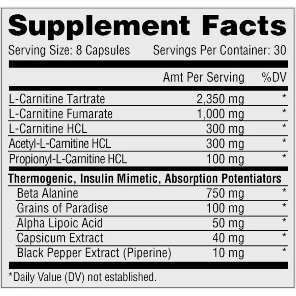 Supplement Facts Metabolic Nutrition Carni-10: L-Carnitin-Tartrat, Fumarat, Acetyl-L-Carnitin, Beta-Alanin und Piperin