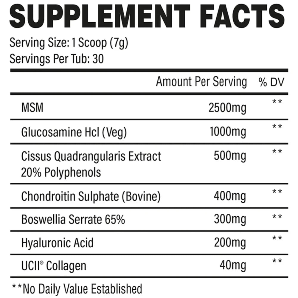 Supplement Facts TbJP Join-In pro Scoop: MSM, Glucosamin, Cissus, Chondroitin, Boswellia, Hyaluronsäure und UC-II