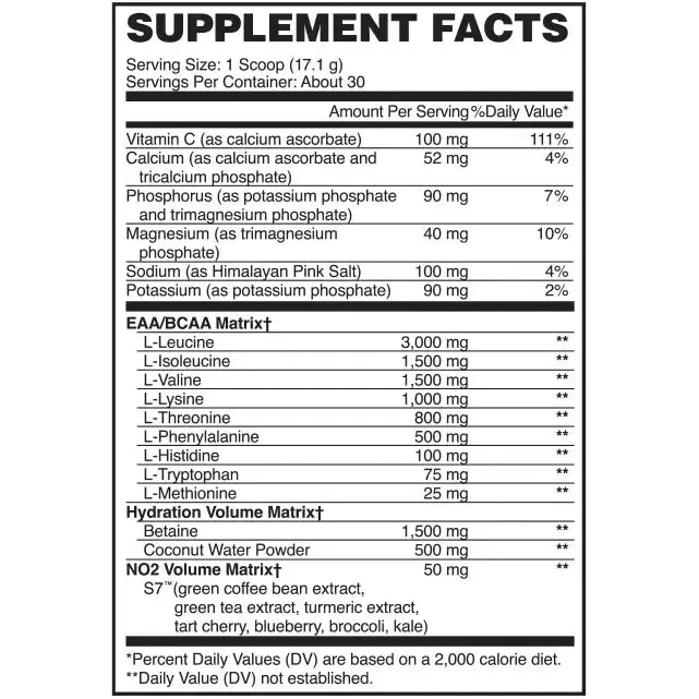 Supplement Facts von Evogen Amino K.E.M. mit allen neun EAA, Betain, Elektrolyten und Vitamin C pro Scoop
