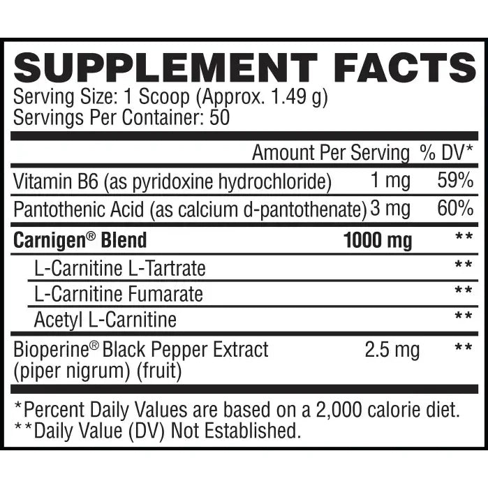 Supplement Facts von Evogen Carnigen: 1'000mg Carnitin-Blend, Vitamin B6, Pantothensäure und Bioperine pro Scoop