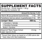 Supplement Facts von Evogen Carnigen: 1'000mg Carnitin-Blend, Vitamin B6, Pantothensäure und Bioperine pro Scoop