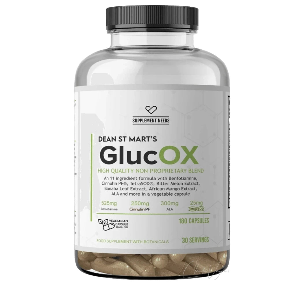 Supplement Needs GlucOX Dose mit 180 veganen Kapseln, GDA mit 1050mg Benfotiamin und 600mg Alpha-Liponsäure pro Tag