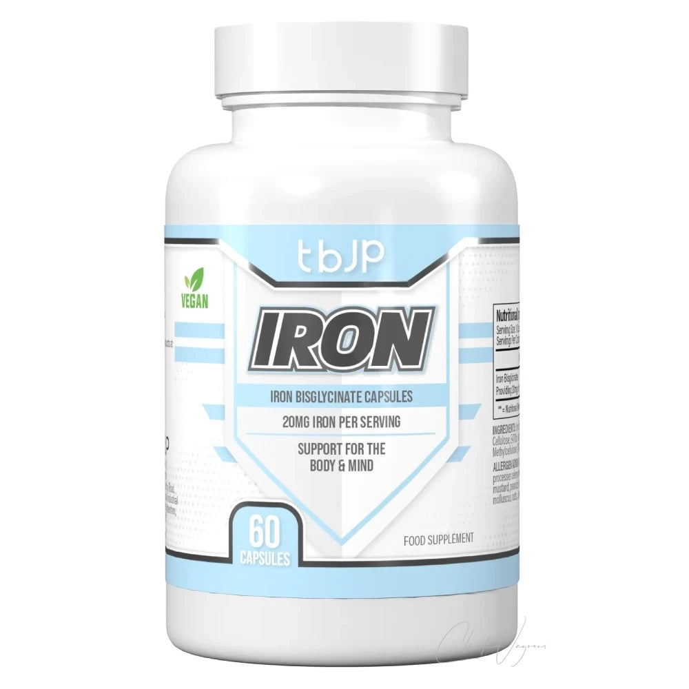 Dose TbJP Iron mit 60 veganen Kapseln, 20mg Eisen aus 112mg Eisenbisglycinat pro Kapsel, 142 Prozent NRV