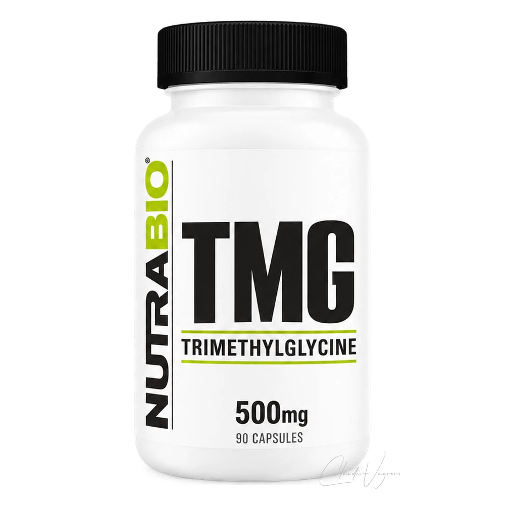 Dose NutraBio TMG Trimethylglycine mit 90 Kapseln, 500mg pro Kapsel, auf weissem Hintergrund