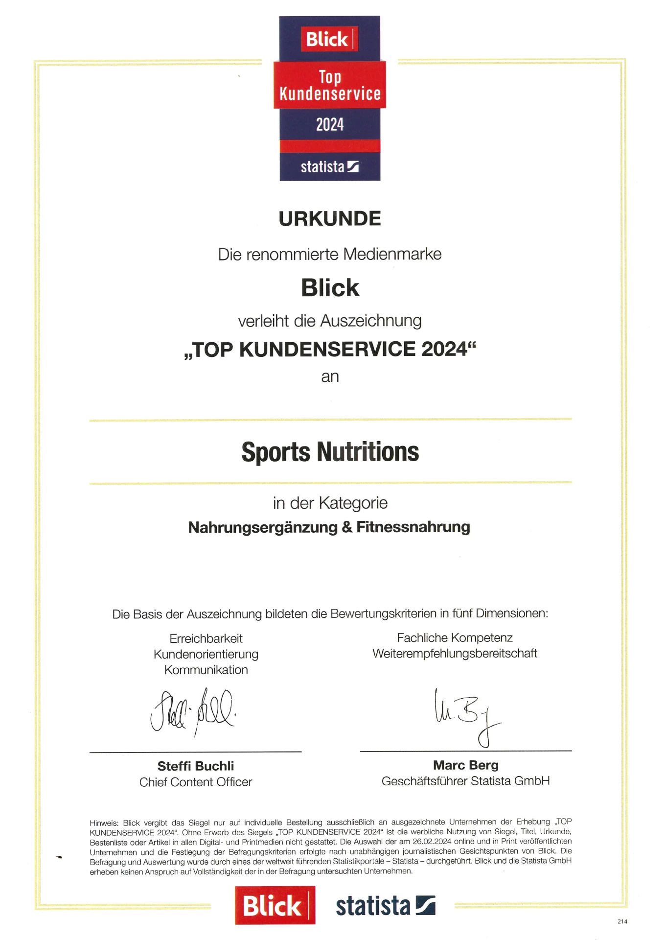 TOP Kundenservice 2024 & 2025 Auszeichnung Blick Statista für Sports Nutritions Schweiz