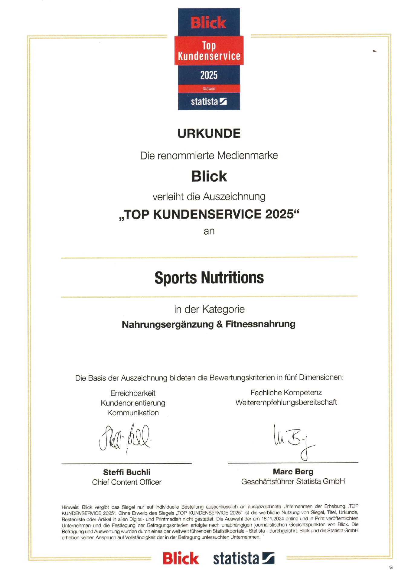 TOP Kundenservice 2024 & 2025 Auszeichnung Blick Statista für Sports Nutritions Schweiz