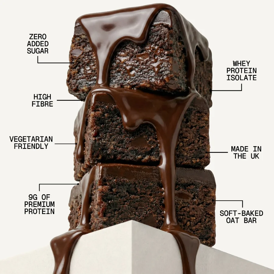 Sugard Out Ballaststoff Protein Riegel Choc Brownie gestapelt mit Merkmalen Whey Isolat ohne Zuckerzusatz vegetarisch