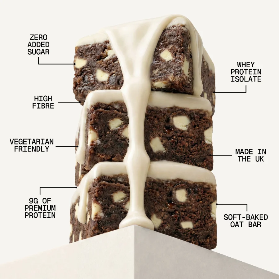 Sugard Out Ballaststoff Protein Riegel Cookies and Cream gestapelt mit Merkmalen Whey Isolat ohne Zuckerzusatz vegetarisch