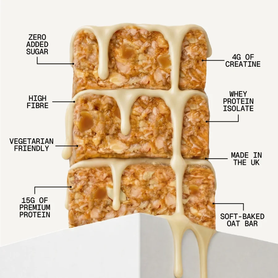 Sugard Out Kreatin Protein Riegel Salted Caramel Blondie gestapelt mit Merkmalen Whey Isolat ohne Zuckerzusatz vegetarisch